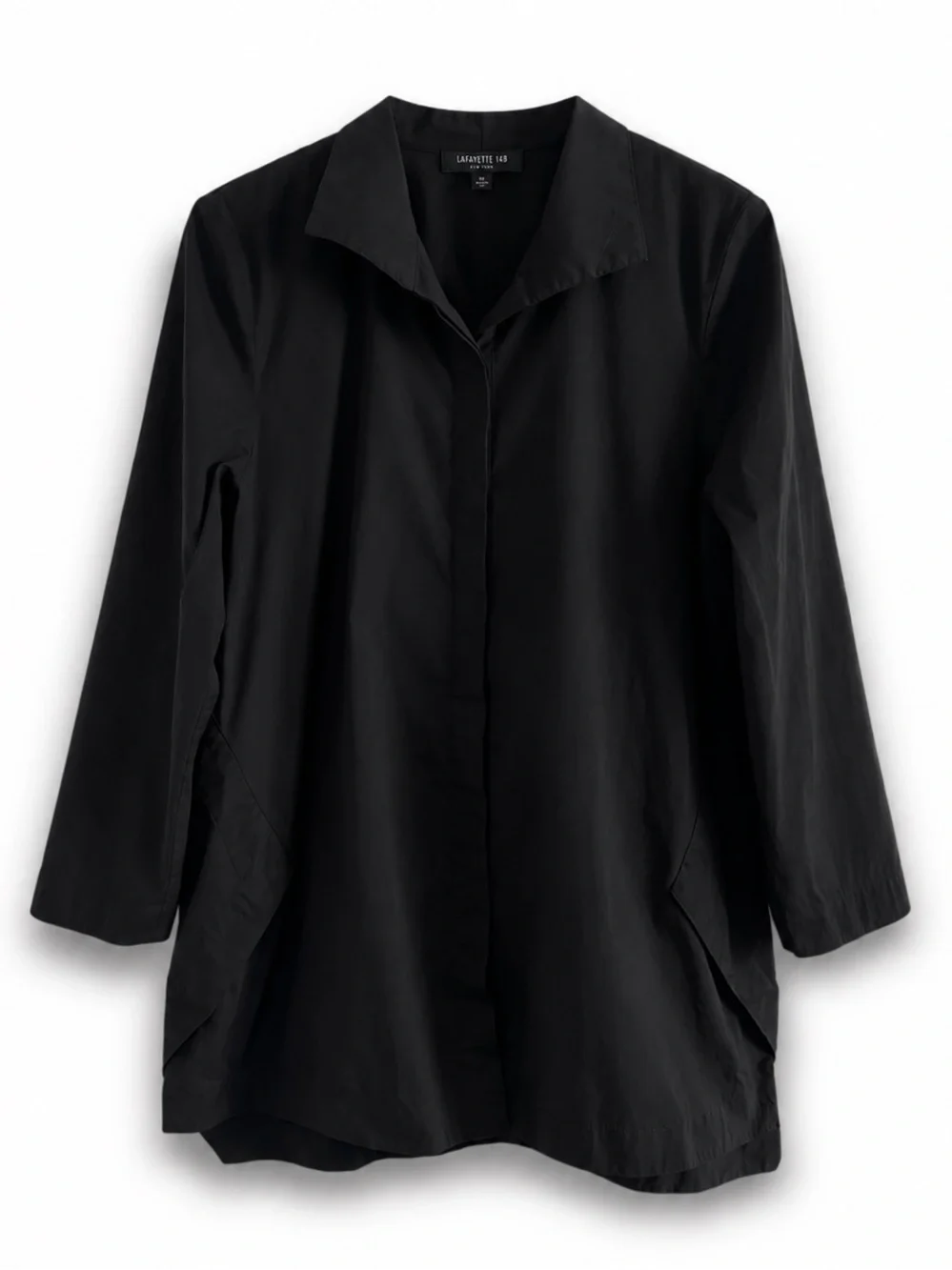 Lafayette 148 New York Black Tunic Blouse Hidden Placket Architectural Top SZ L - Picture 5 of 6